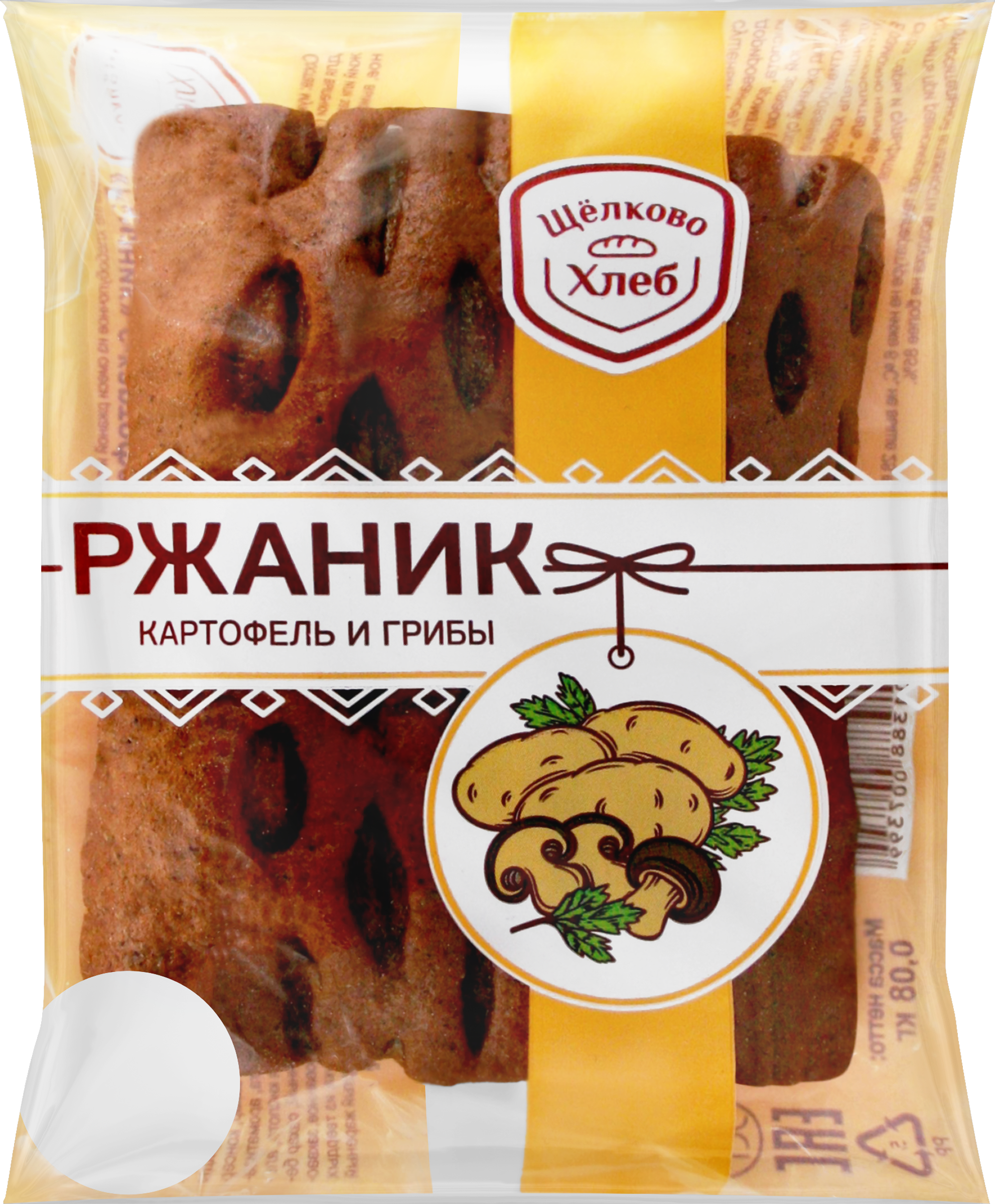 Изображение товара Ржаник ЩЕЛКОВОХЛЕБ с картофелем и грибами, 80г - сдобная булочка в упаковке
