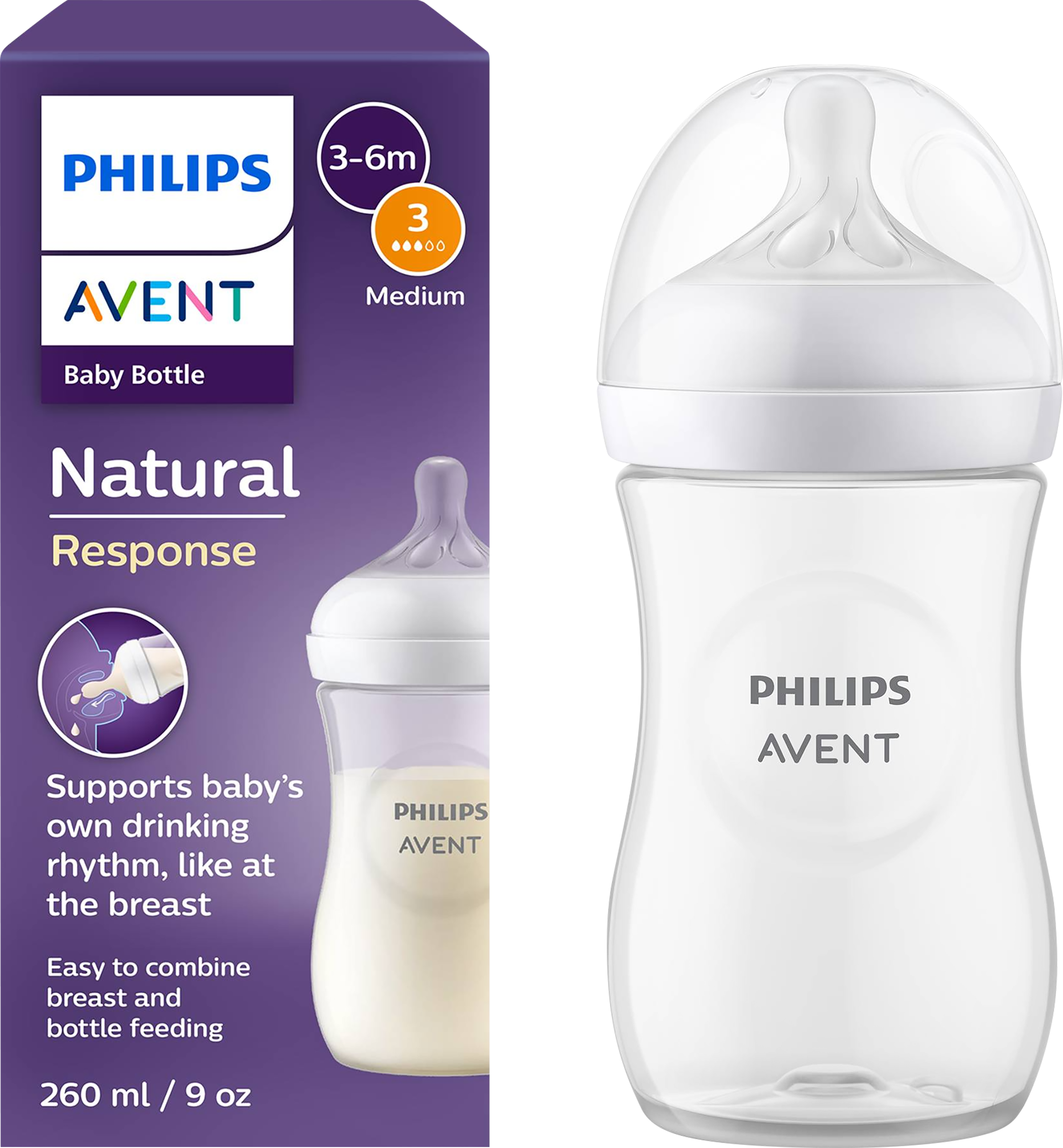 Изображение товара Бутылочка для кормления PHILIPS AVENT Natural Response 260мл, пластик, 3 шт.