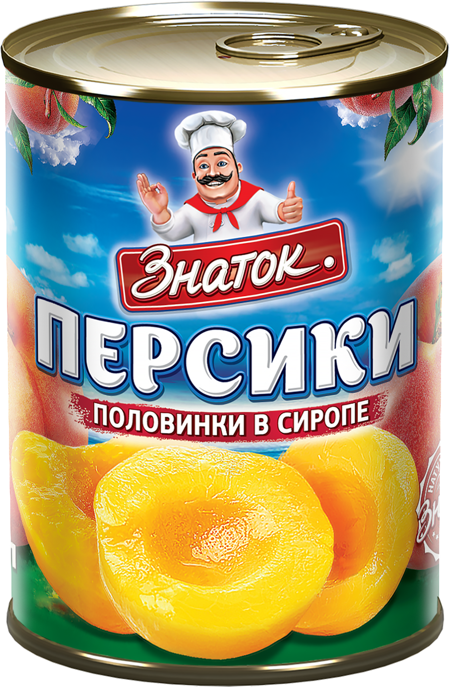 Изображение товара Персики ЗНАТОК половинки в сиропе, 425мл - консервированные фрукты для десертов