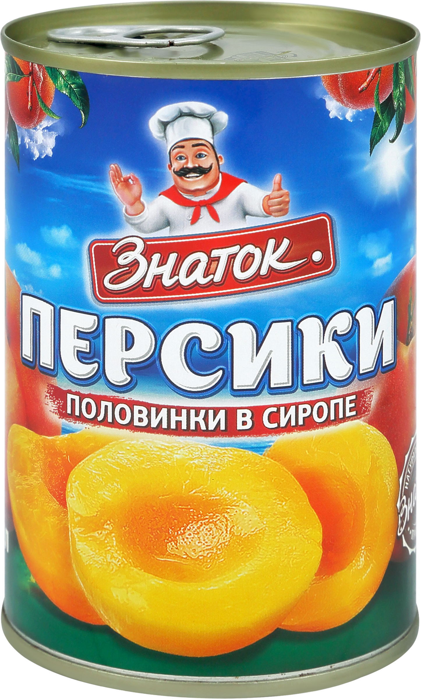 Изображение товара Персики ЗНАТОК половинки в сиропе, 425мл - консервированные фрукты для десертов