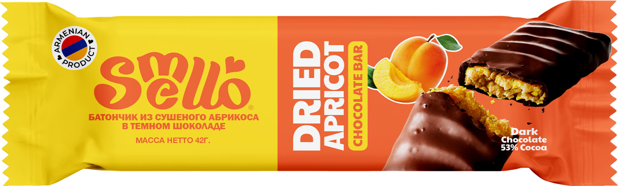 Изображение товара Батончик SMELLO с начинкой из сушеного абрикоса в темном шоколаде, 42г