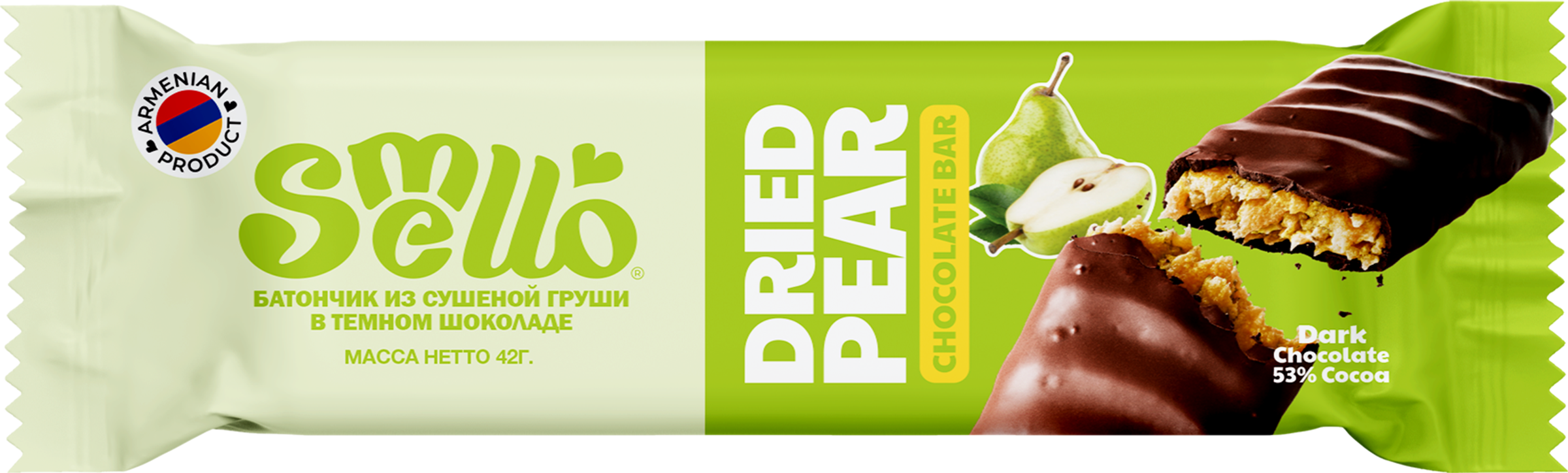 Изображение товара Батончик SMELLO с начинкой из сушеной груши в темном шоколаде 42 г