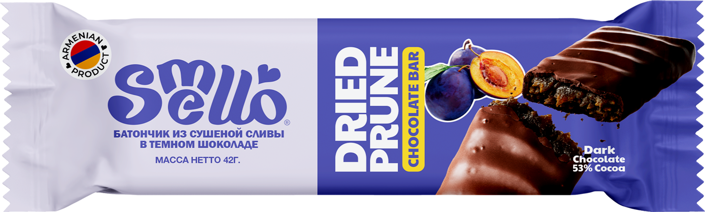 Изображение товара Батончик SMELLO с начинкой из сушеной сливы в темном шоколаде 42г Изображение товара Батончик SMELLO с начинкой из сушеной сливы в темном шоколаде 42г