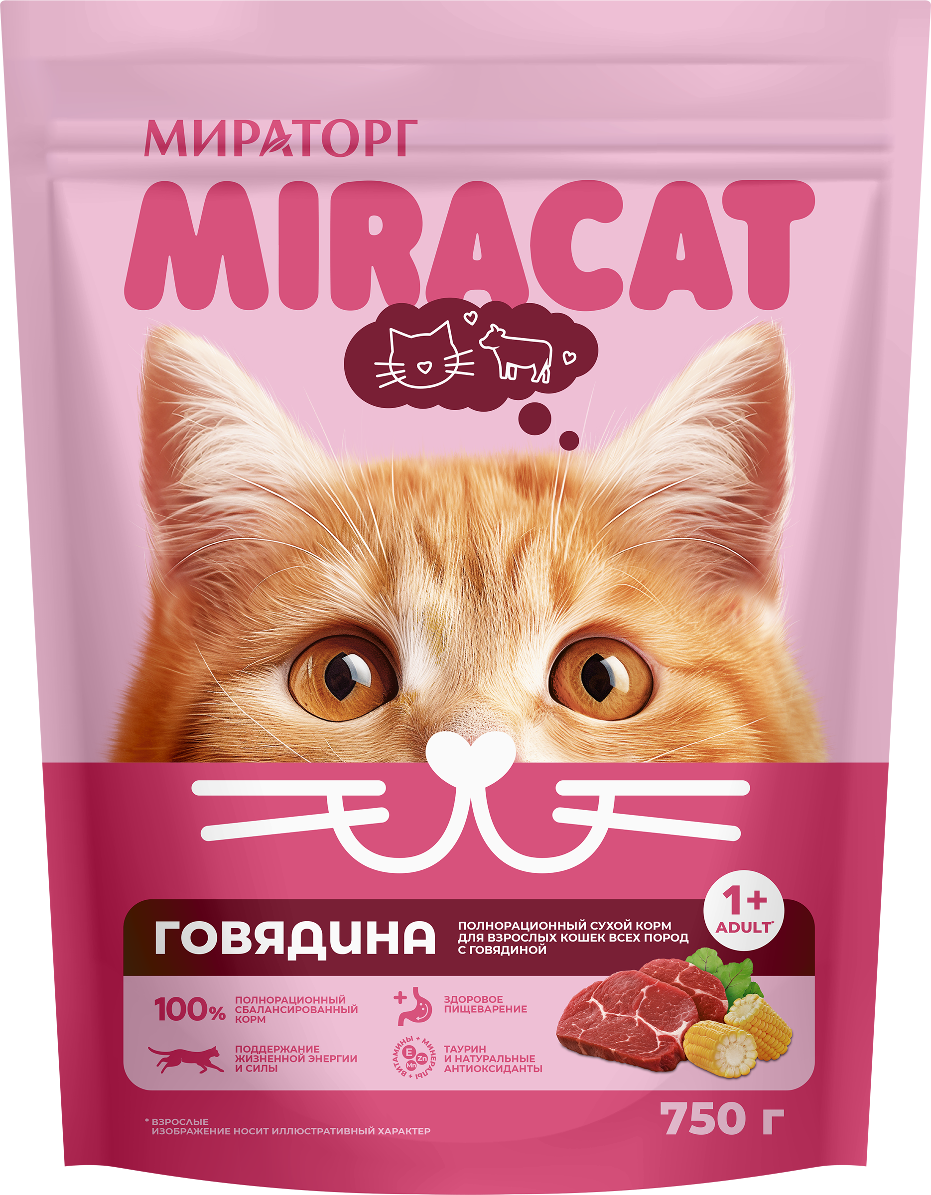 Изображение товара Корм сухой для кошек MIRACAT с говядиной 750 г качественный корм для взрослых кошек