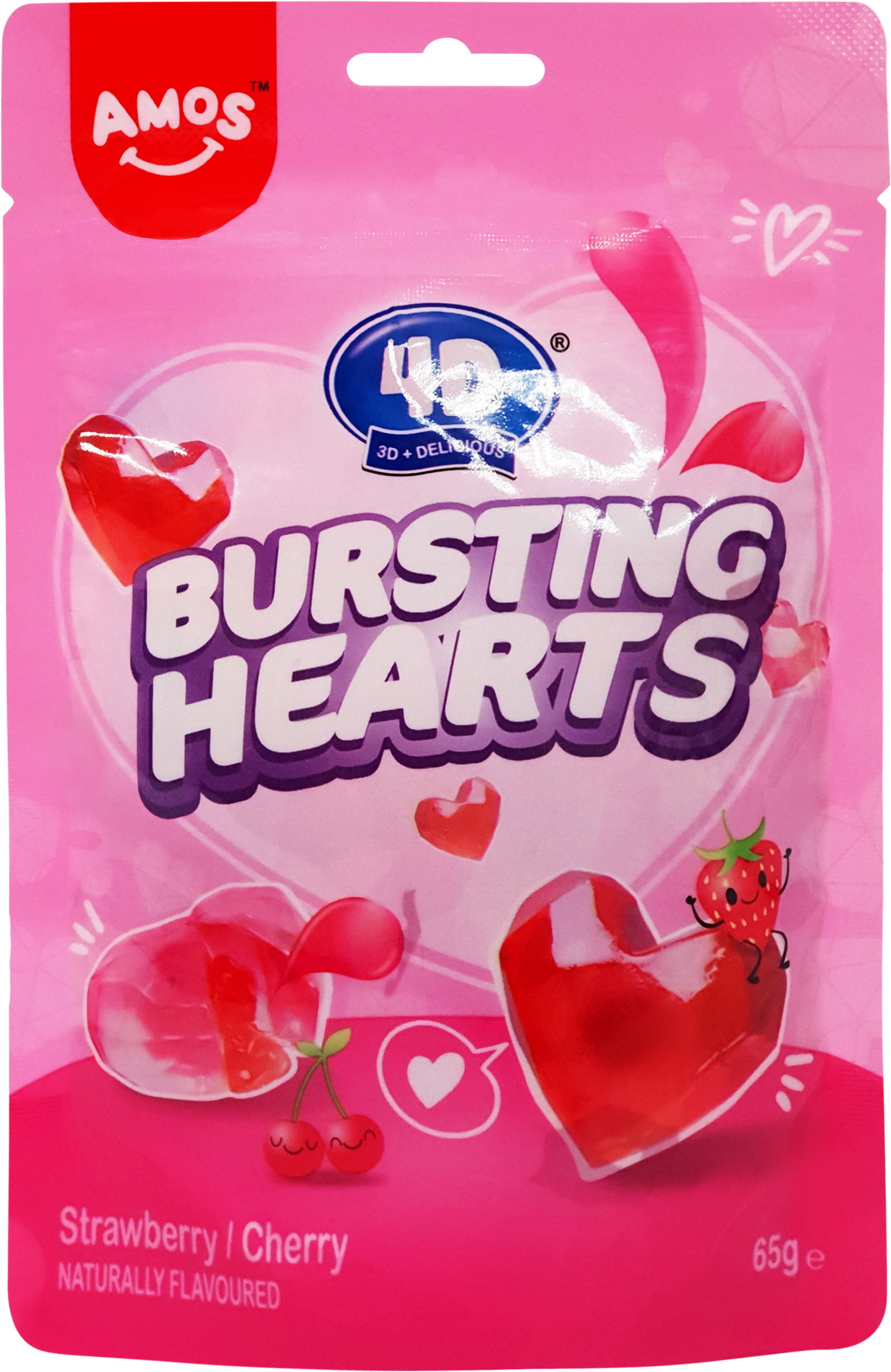 Изображение товара Конфеты желейные AMOS 4D Сердце со вкусом клубники и вишни, 65г