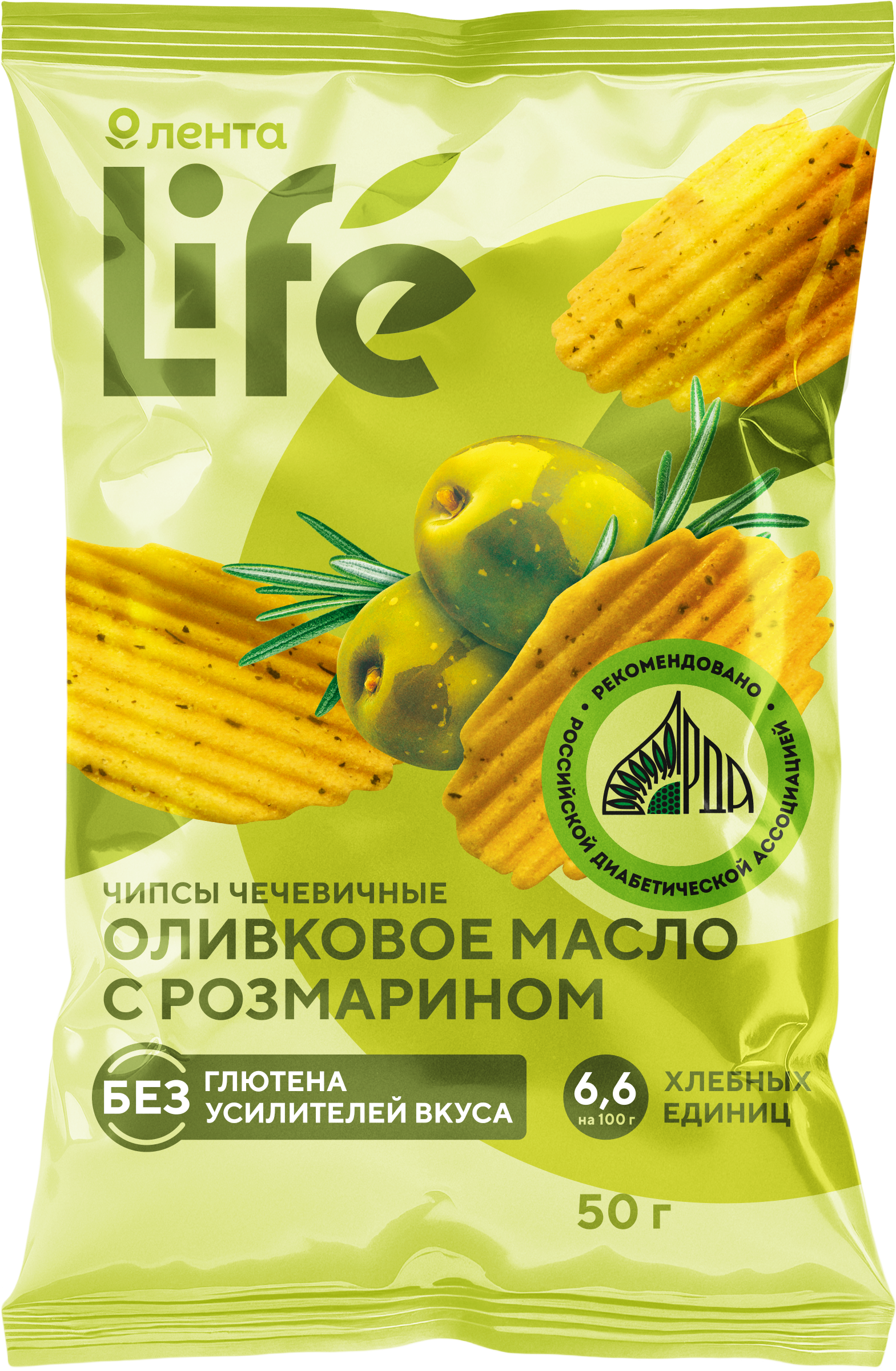 Изображение товара Чипсы чечевичные ЛЕНТА LIFE со вкусом оливковое масло с розмарином, 50г