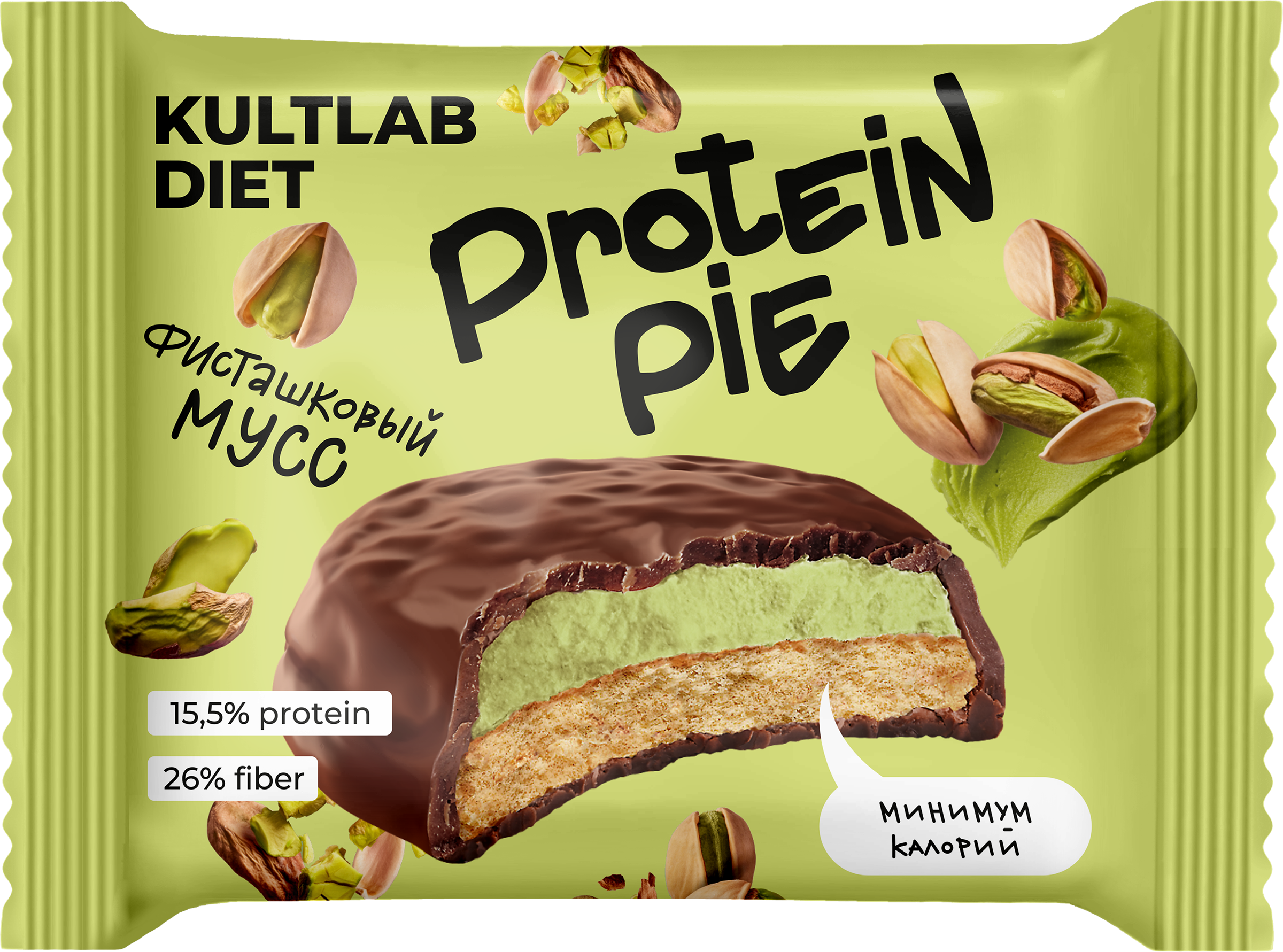 Изображение товара Протеиновое печенье KULTLAB Diet Protein Pie фисташковый мусс 45г глазированное