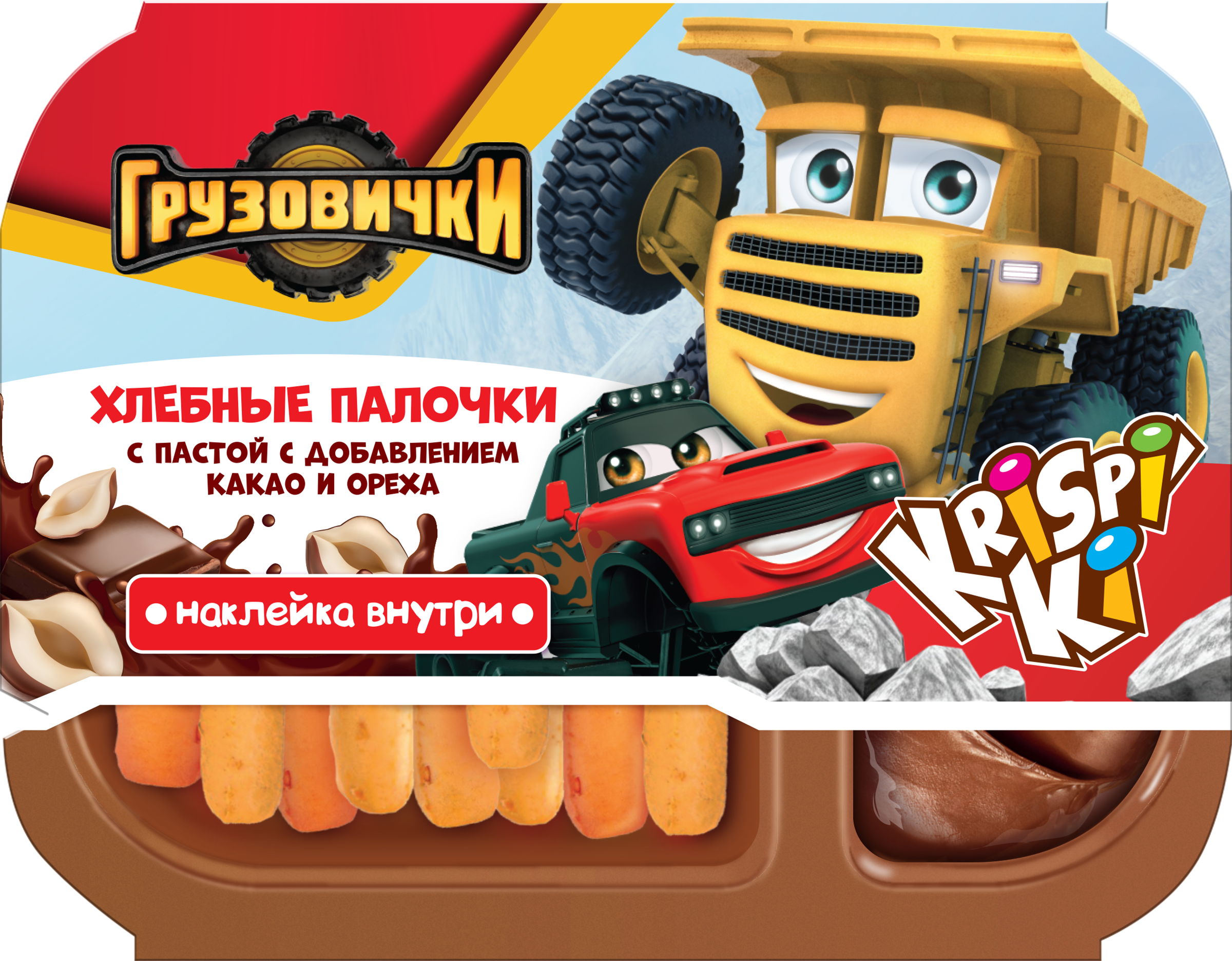 Изображение товара Хлебные палочки ГРУЗОВИЧКИ Krispi'Ki с шоколадно-ореховой пастой, с сюрпризом, 35г