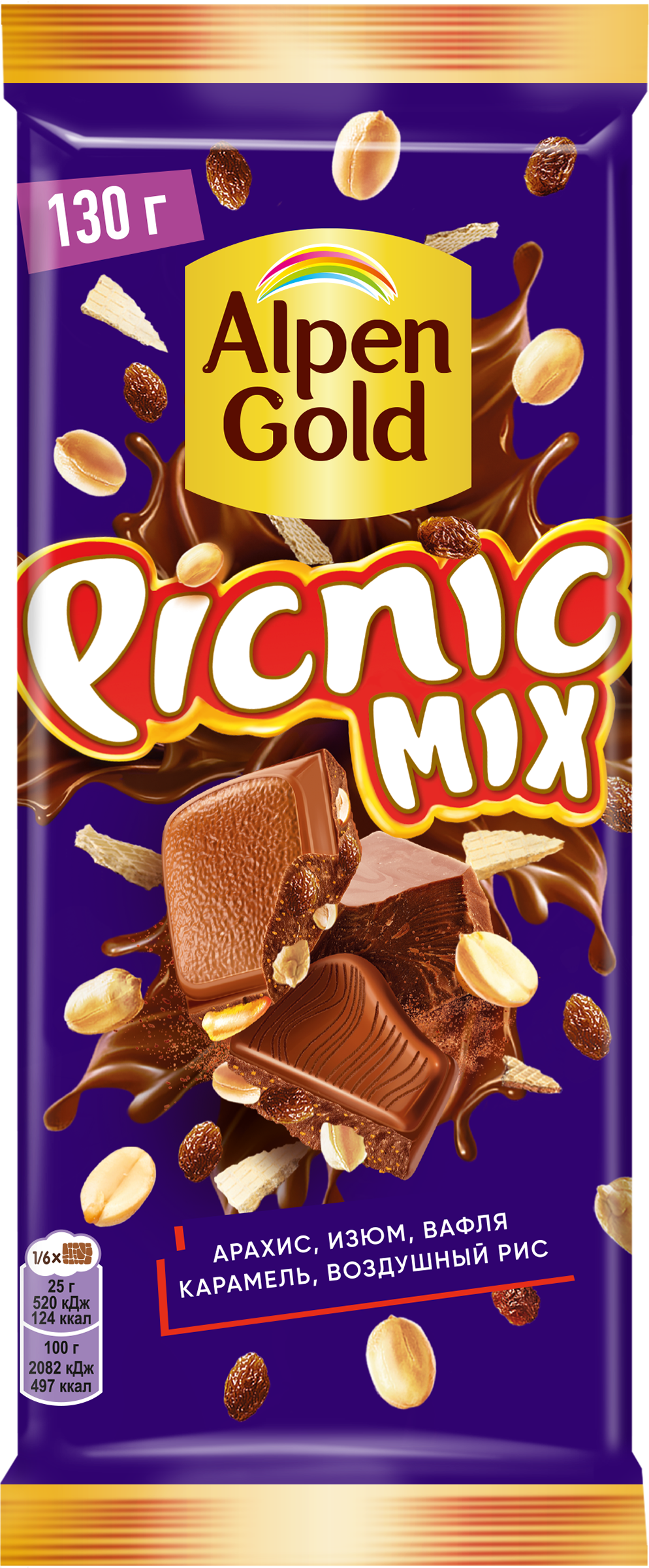 Изображение товара Шоколад молочный ALPEN GOLD Picnic mix с арахисом/изюмом/воздушным рисом/карамелью/вафельной крошкой, 130г