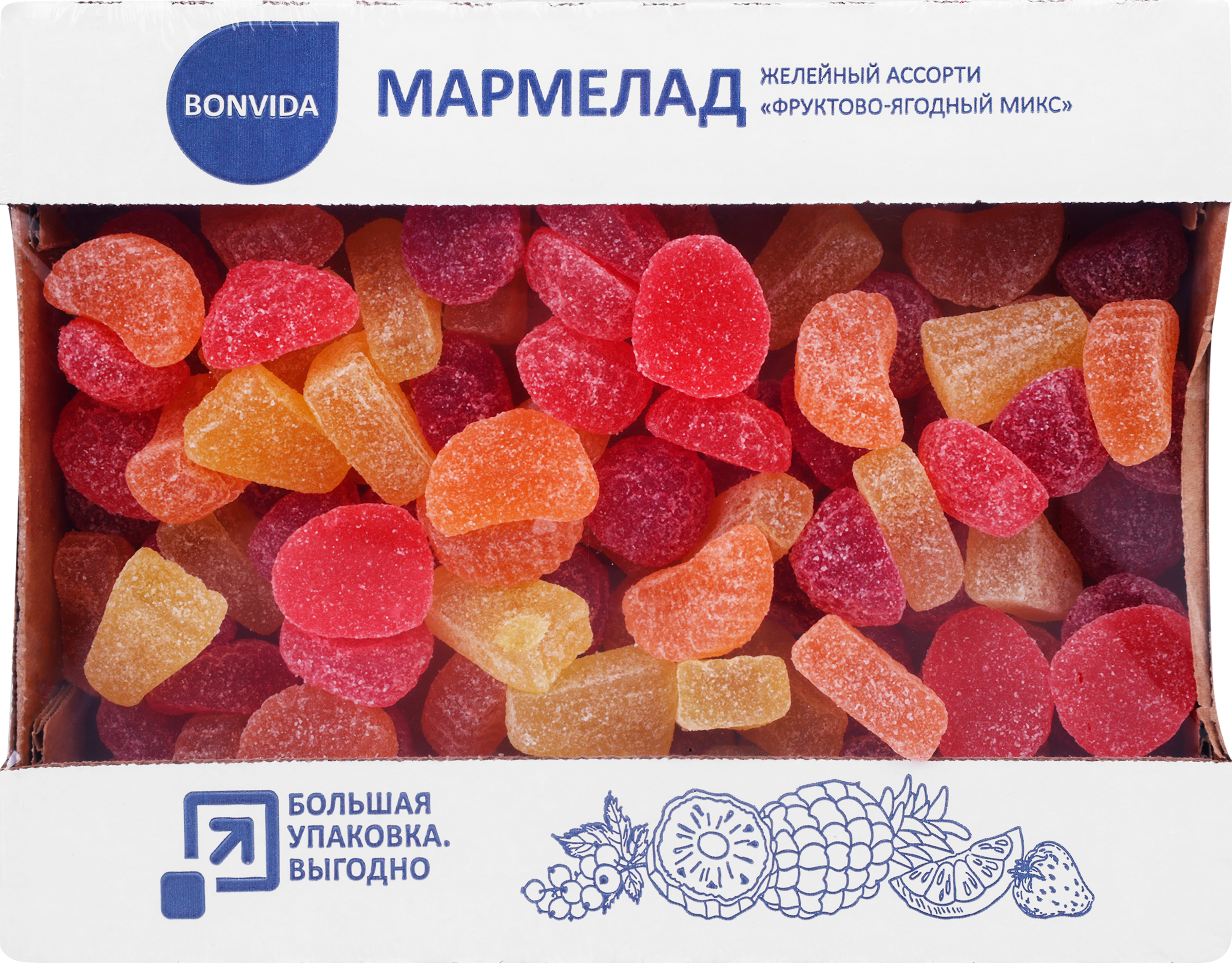 Изображение товара Мармелад желейный BONVIDA Фруктово-ягодный микс, в ассортименте, 1кг Изображение товара Мармелад желейный BONVIDA Фруктово-ягодный микс, в ассортименте, 1кг