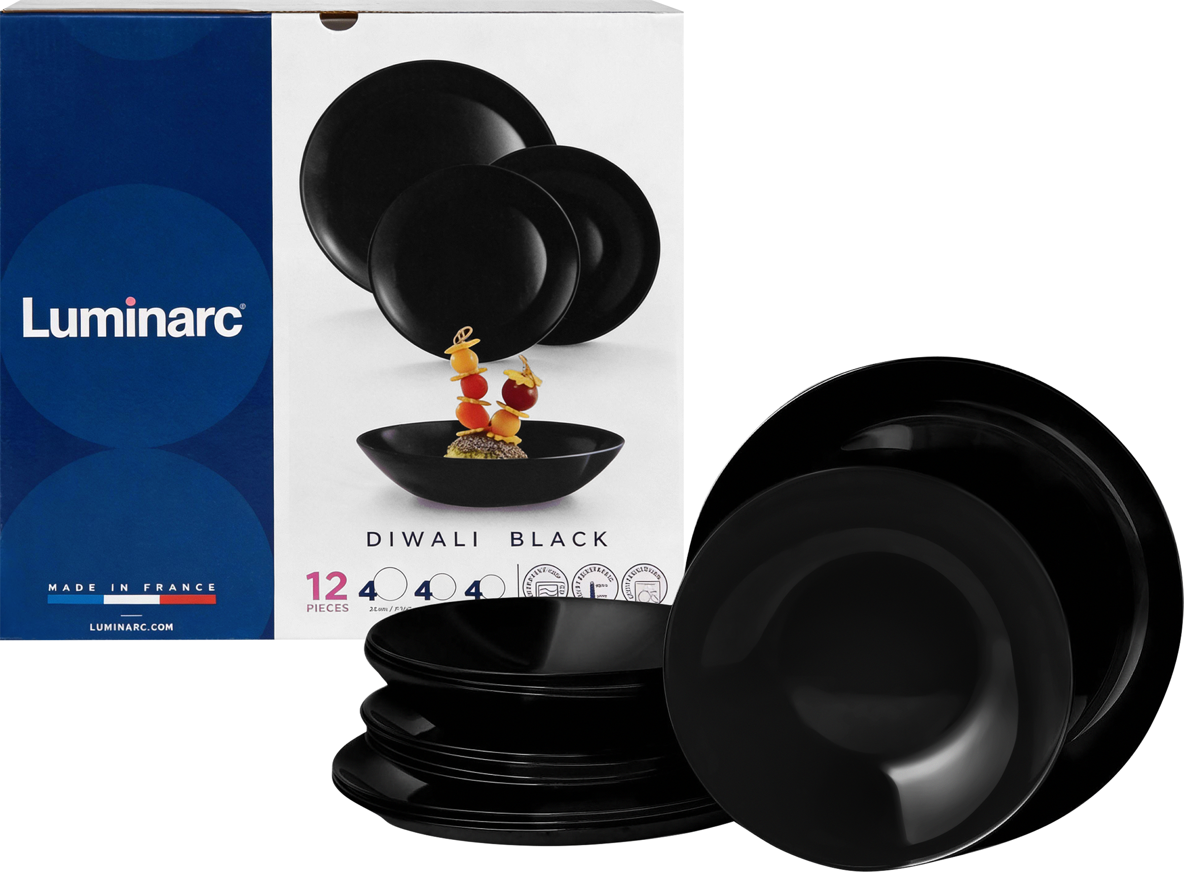 Изображение товара Набор тарелок LUMINARC Diwali Noir, на 4 персоны (суп, обед, десерт), черный, Арт. 20000003480, 12шт