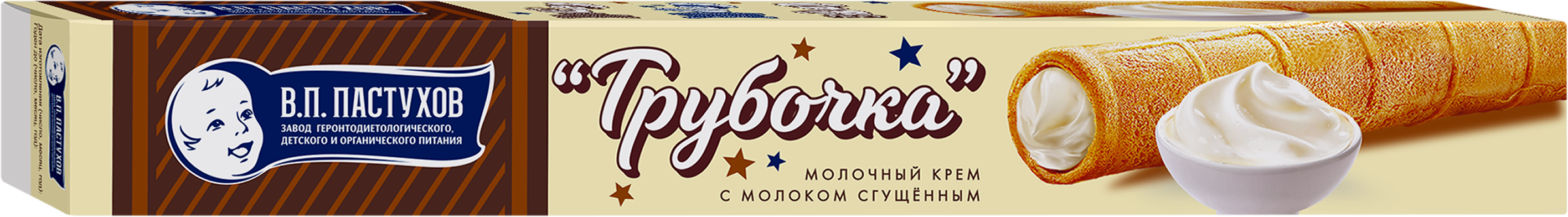 Изображение товара Трубочка вафельная ЗАВОД ИМЕНИ ПАСТУХОВА с молочным кремом и молоком сгущенным, без змж, 65г