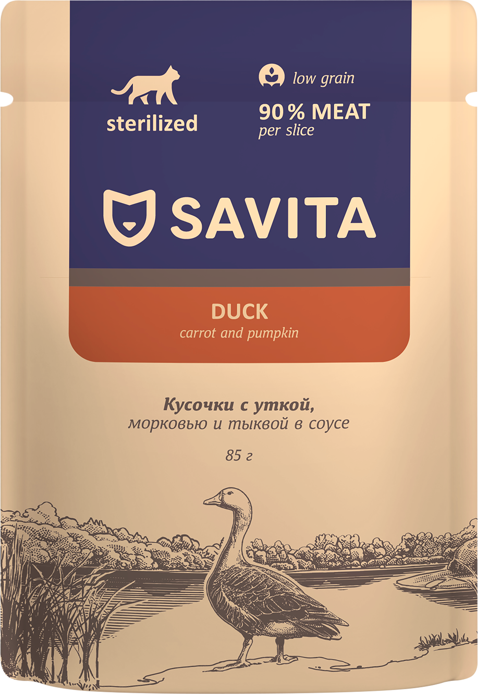Изображение товара Корм влажный для взрослых кошек SAVITA с уткой и овощами в соусе, для стерилизованных, 85г