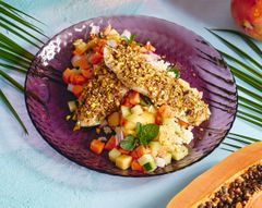 Сибас в ореховой крошке с кускусом и фруктовой сальсой
