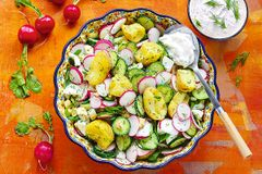 Салат из редиса, молодого картофеля, огурцов, с яйцом и сметаной
