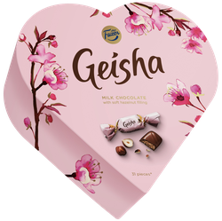 Конфеты FAZER Geisha, сердце из молочного шоколада с начининкой ореховое пралине, 225г