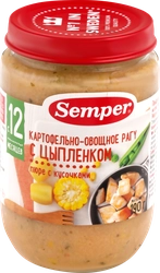 Пюре мясо-овощное SEMPER Рагу картофельно-овощное с цыпленком, с 12 месяцев, 190г