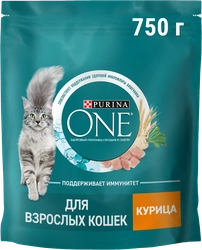 Корм сухой для взрослых кошек PURINA ONE Adult с курицей и цельными злаками, 750г