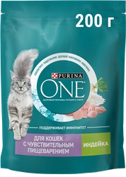 Корм сухой для взрослых кошек PURINA ONE Sensitive Индейка и рис, с чувствительным пищеварением, 200г