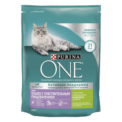 Корм сухой для взрослых кошек PURINA ONE Sensitive Индейка и рис, с чувствительным пищеварением, 200г