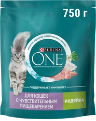 Корм сухой для взрослых кошек PURINA ONE Sensitive Индейка и рис, с чувствительным пищеварением, 750г