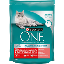 Корм сухой для взрослых кошек PURINA ONE Sterilised с лососем и пшеницей, для стерилизованных, 200г