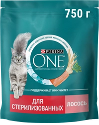 Корм сухой для взрослых кошек PURINA ONE Sterilised с лососем и пшеницей, для стерилизованных, 750г