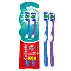 Зубная щетка COLGATE 360 Суперчистота всей полости рта, антибактериальная, средней жесткости, 1+1, 2шт