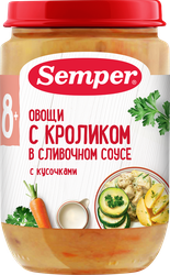 Изображение товара Пюре мясо-овощное SEMPER Овощи с кроликом в сливочном соусе, с 8 месяцев, 190г