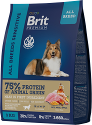 Корм сухой для собак BRIT Premium Lamb & Rice гипоаллергенный, для всех пород, 3кг