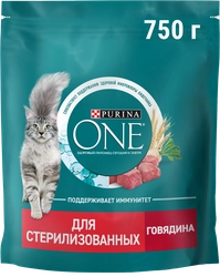 Корм сухой для взрослых кошек PURINA ONE Sterilised с говядиной и пшеницей для стерилизованных, 750г