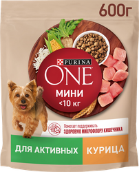 Изображение товара Корм сухой для взрослых собак PURINA ONE Мини Для активных Курица, для мелких и карликовых пород, 600г