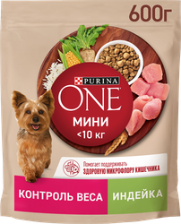 Изображение товара Корм сухой для взрослых собак PURINA ONE Мини Контроль веса Индейка, для мелких и карликовых пород, 600г