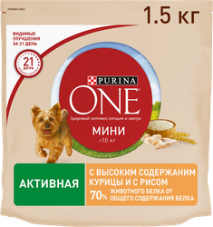 Корм сухой для взрослых собак PURINA ONE Mini Активная Курица и рис, 1,5кг