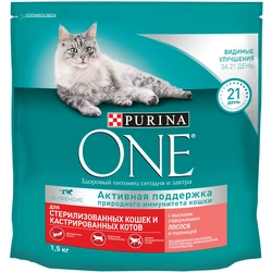 Корм сухой для взрослых кошек PURINA ONE Sterilised с лососем и пшеницей, для стерилизованных, 1,5кг