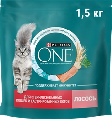 Корм сухой для взрослых кошек PURINA ONE Sterilised с лососем и пшеницей, для стерилизованных, 1,5кг