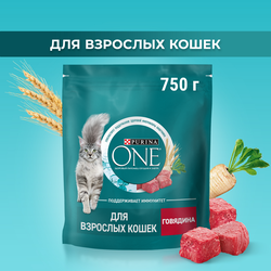 Корм сухой для взрослых кошек PURINA ONE Adult с говядиной с цельными злаками, 750г
