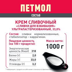 Сливки ультрапастеризованные ПЕТМОЛ Для взбивания 33%, без змж, 1000г