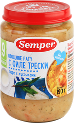 Пюре рыбно-овощное SEMPER Овощное с филе трески, с 9 месяцев, 190г