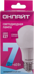 Лампа светодиодная ОНЛАЙТ Груша 7Вт, E27, дневной свет, Арт. 71648
