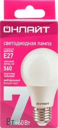 Лампа светодиодная ОНЛАЙТ Груша 7Вт, E27, дневной свет, Арт. 71648