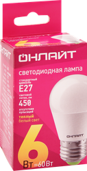 Лампа светодиодная ОНЛАЙТ Шар 6Вт, E27, теплый свет, Арт. 71645