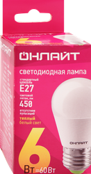 Лампа светодиодная ОНЛАЙТ Шар 6Вт, E27, теплый свет, Арт. 71645