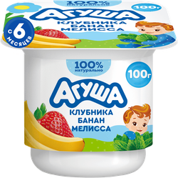 Изображение товара Творог детский АГУША Засыпай-ка Клубника, банан, мелисса фруктовый 3,8%, с 6 месяцев, без змж, 100г