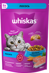 Изображение товара Корм сухой для взрослых кошек WHISKAS Вкусные подушечки с нежным паштетом, Аппетитный обед с лососем, 350г