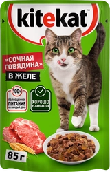 Корм консервированный для взрослых кошек KITEKAT Сочная говядина с 
говядиной в желе, 85г