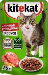 Корм консервированный для взрослых кошек KITEKAT Сочная говядина с 
говядиной в соусе, 
85г