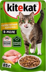 Корм консервированный для кошек KITEKAT c сочными кусочками курицы в желе, 85г