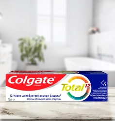 Зубная паста COLGATE Total 12 Профессиональная Отбеливающая с цинком и аргинином для борьбы с потемнениями эмали и с антибактериальной защитой, 75мл