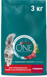 Корм сухой для взрослых кошек PURINA ONE Sterilised с говядиной и пшеницей, для стерилизованных, 3кг